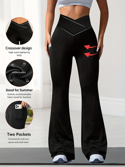Women'S Soft Stretchy Flared Pants, High Waisted Yoga Pants for Workout & Daily Wear, Tummy Control Bootcut Leggings with Pocket, Sexy Slim Fit Casual Trousers