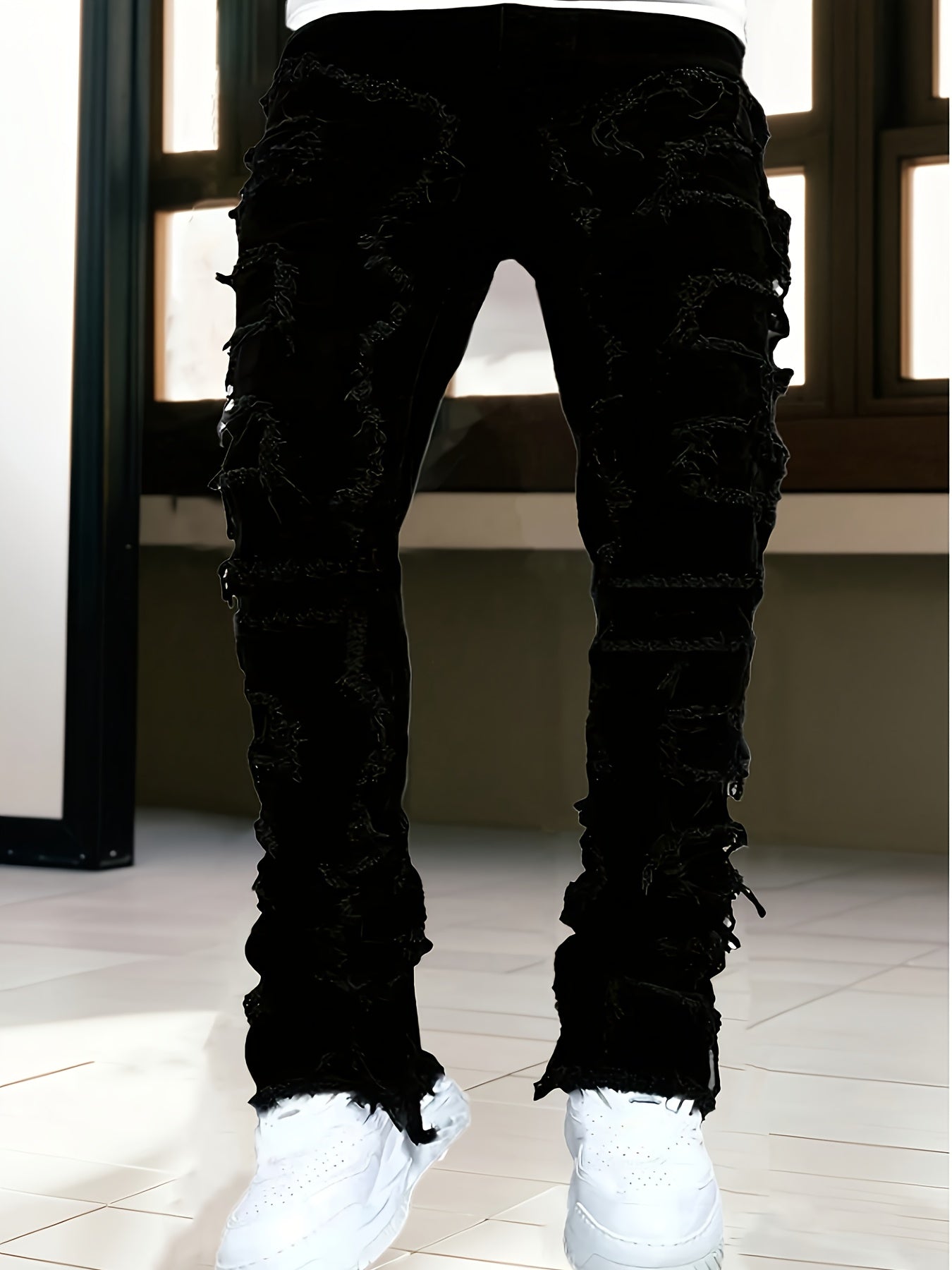 [HME] Men's Fashion Trendy Brand Jeans, Three-dimensional Cut And Creative Tassel Details, Street Hip-hop Style, Fringed Hem Design, Mid-waist Elastic Slim Flared Pants, Casual And Versatile Trendy Men's Plus-size Denim Trousers, PLUS SIZE