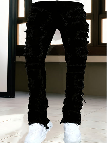 [HME] Men's Fashion Trendy Brand Jeans, Three-dimensional Cut And Creative Tassel Details, Street Hip-hop Style, Fringed Hem Design, Mid-waist Elastic Slim Flared Pants, Casual And Versatile Trendy Men's Plus-size Denim Trousers, PLUS SIZE