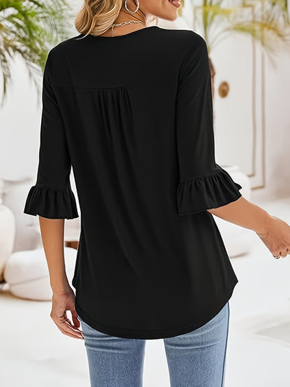 Women'S Casual Chic 3/4 Sleeve Square Neck Ruffle Hem T-Shirt - Soft Peach, Loose Fit, Machine Washable, Perfect for Casual Attire, Blouse with Elegant Ruffle Hem