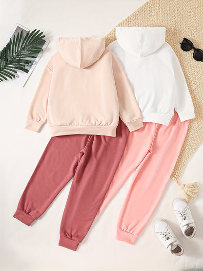 4pcs Autumn/Winter Girls' Sporty Hooded Sweatshirt and Pants Set, Cute and Stylish Holiday Gift for Girls Ages 4-14, Letter Print Pullover and Casual Athletic Pants, Perfect for Outdoor