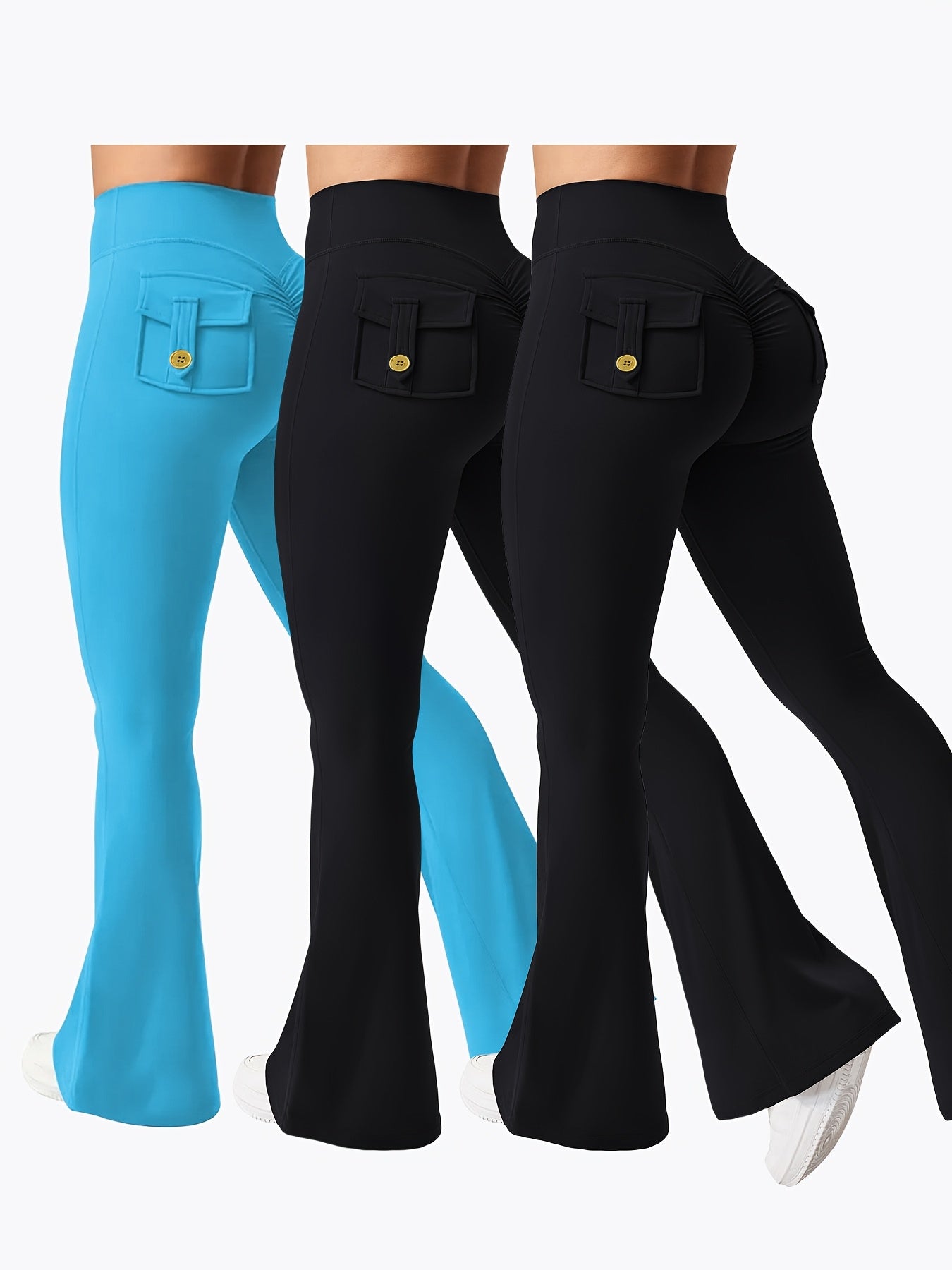 Women's Autumn 3pcs Set, New Style Casual Flared Yoga Pants, Training Flared Trousers, High-Waist Workwear with Belt and Pockets, Sportswear, Halloween Costume, Christmas Apparel