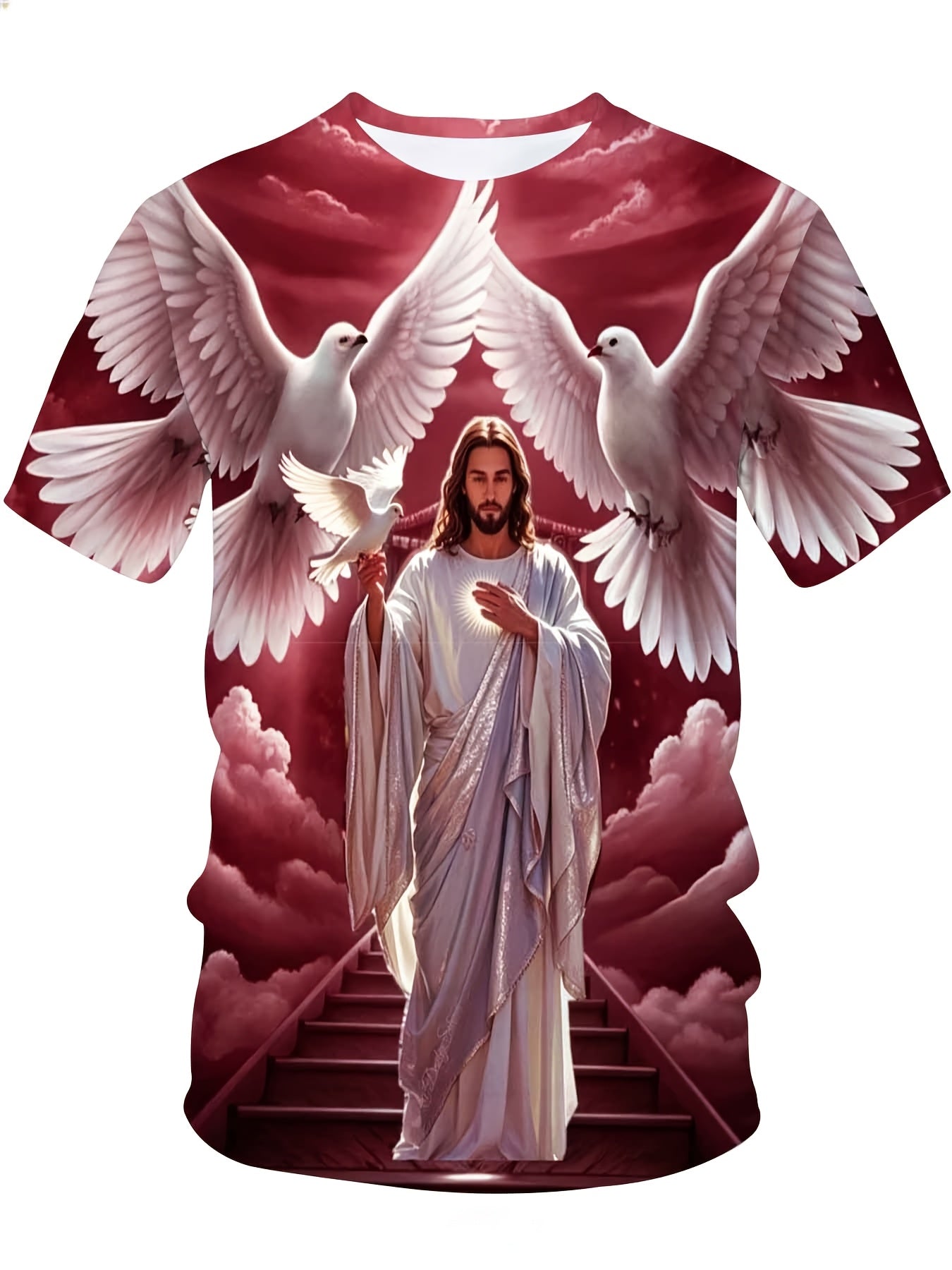 Jesus Christ With Doves And Heavenly Stairs Religious Christian T-Shirt For Men Full Print Design Faith Inspired Apparel, Plus Size