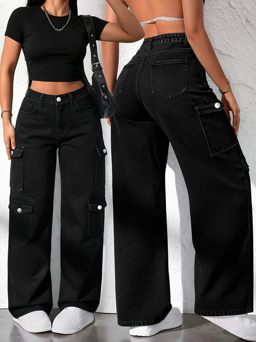 Color Denim Popular Trend Light Blue Plus Size Multi-pocket Cargo Jeans, 2026 New High-waisted Loose Baita Women'S Straight-leg Trousers