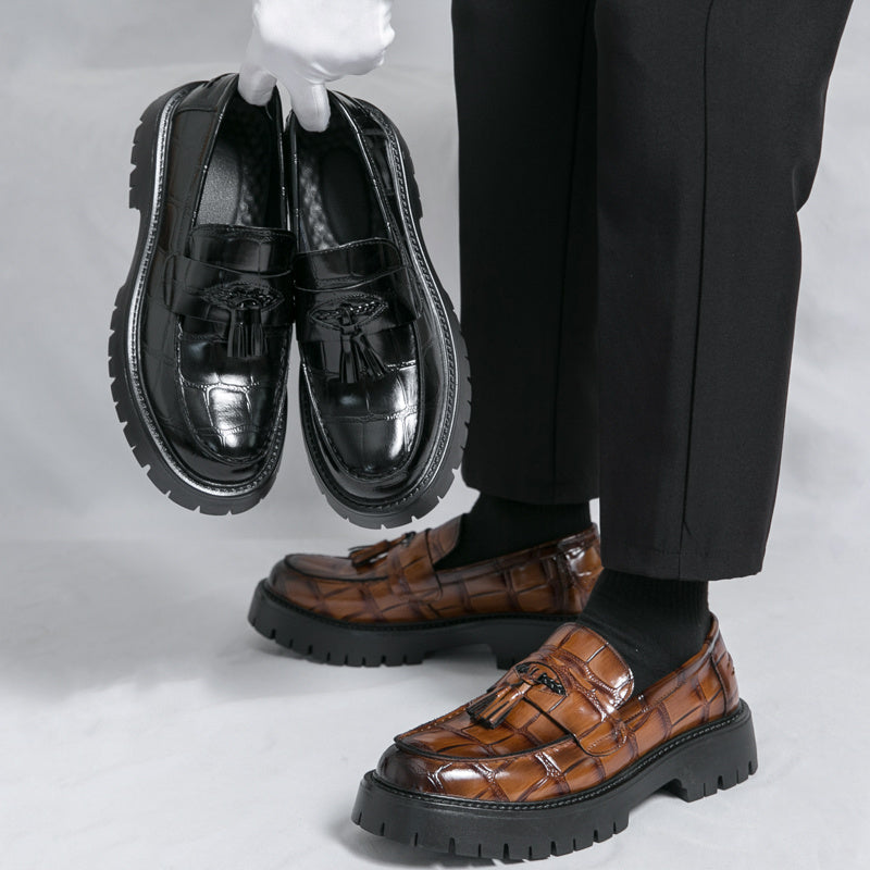 [Printed Platform Loafers] Men's Printed Platform Slip-On Penny Loafers Fashion Round Toe Tassel Decoration Non-Slip Lug Sole Business Dress Shoes for Driving Office Party