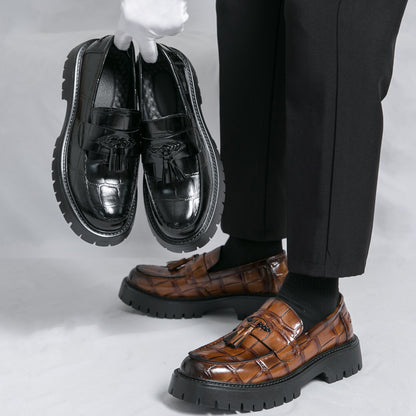 [Printed Platform Loafers] Men's Printed Platform Slip-On Penny Loafers Fashion Round Toe Tassel Decoration Non-Slip Lug Sole Business Dress Shoes for Driving Office Party