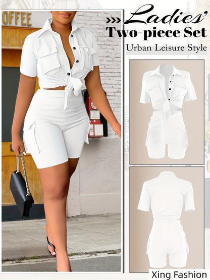Women 2pcs Outfits Summer Casual Short Sleeve Button Top Biker Shorts with Pockets Solid Color Streetwear Set