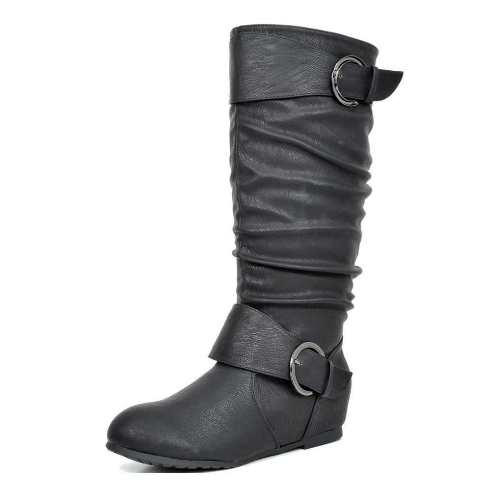 DREAM PAIRS Women's Wide Calf Knee High Boots, Fur-lined Low Hidden Wedge Boots