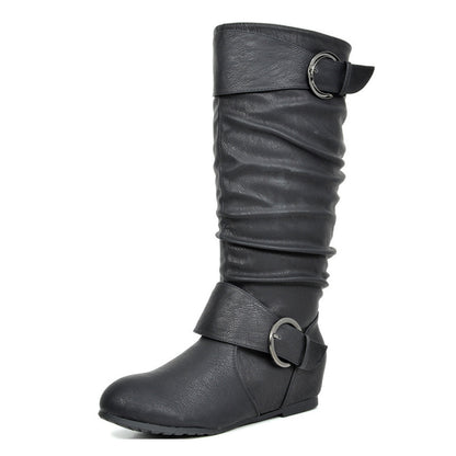 DREAM PAIRS Women's Wide Calf Knee High Boots, Fur-lined Low Hidden Wedge Boots