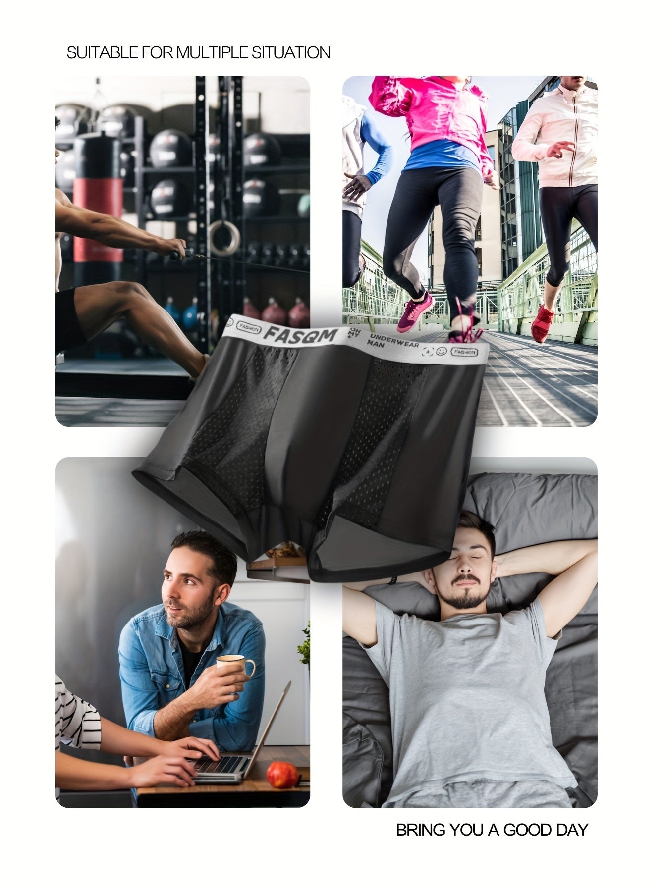 4 Pcs Men's Fashionable, Comfortable, Sexy, Breathable Mesh High Elasticity Patchwork Four Corner Underwear Is A Great Gift Item