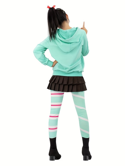 Women Cosplay Costume Hoodie Skirt Leggings with Hair Tie Full Set Outfit