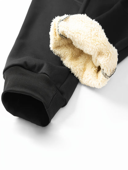 Men'S Winter Fleece Set: Zip-Up Hooded Thick Jacket with Sherpa-Lined Pants, Thermal Comfort, Zippered Pockets for Convenient Daily Wear, Embellished with Exquisite Embroidery