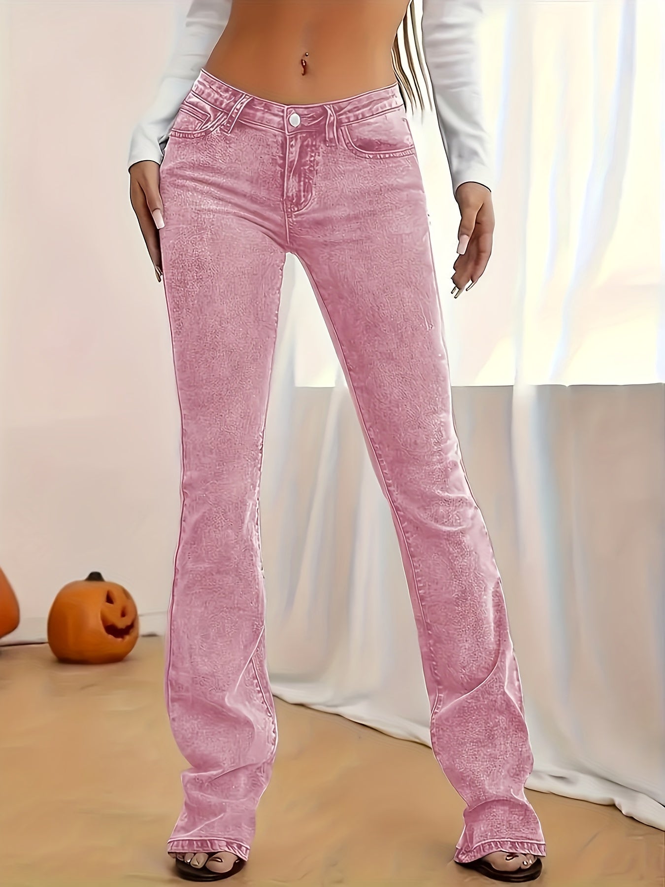 2026 NEW [Long Length Skinny Flare Jeans] Women'S Casual Skinny Flare Jeans, Long Length, Low Waist, Button Fly, Medium Stretch, All Seasons, Solid Color