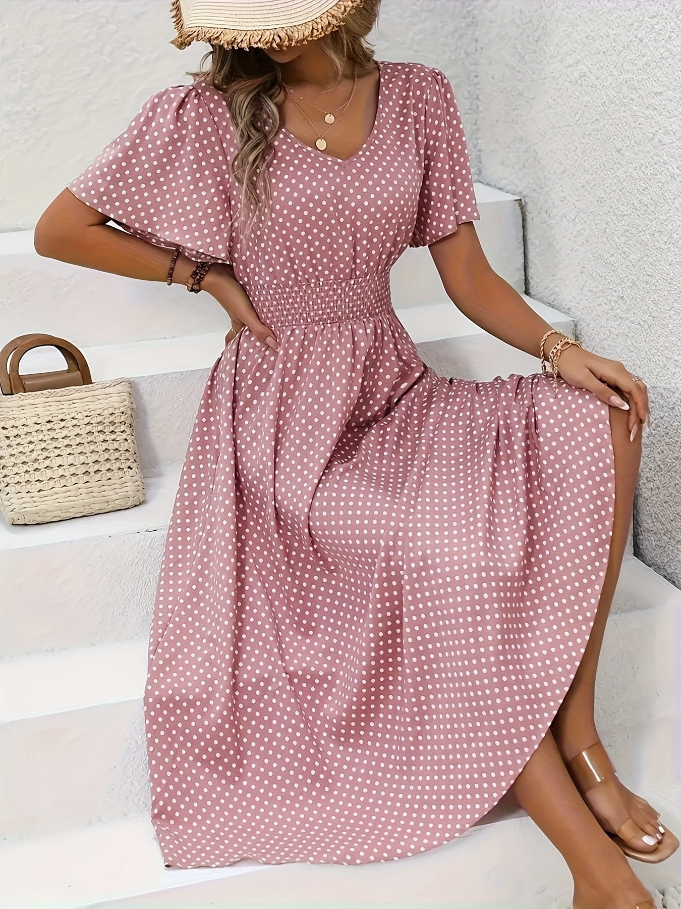 Stylish Pink Polka Dot Midi Dress for Ladies - Casual V-Neck, Ruffled Sleeves, Fitted Waist Design, Made from Lightweight, Ideal for Spring And Summer, Machine Washable