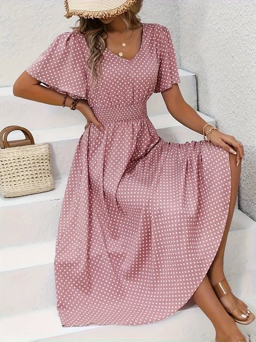 Stylish Pink Polka Dot Midi Dress for Ladies - Casual V-Neck, Ruffled Sleeves, Fitted Waist Design, Made from Lightweight, Ideal for Spring And Summer, Machine Washable