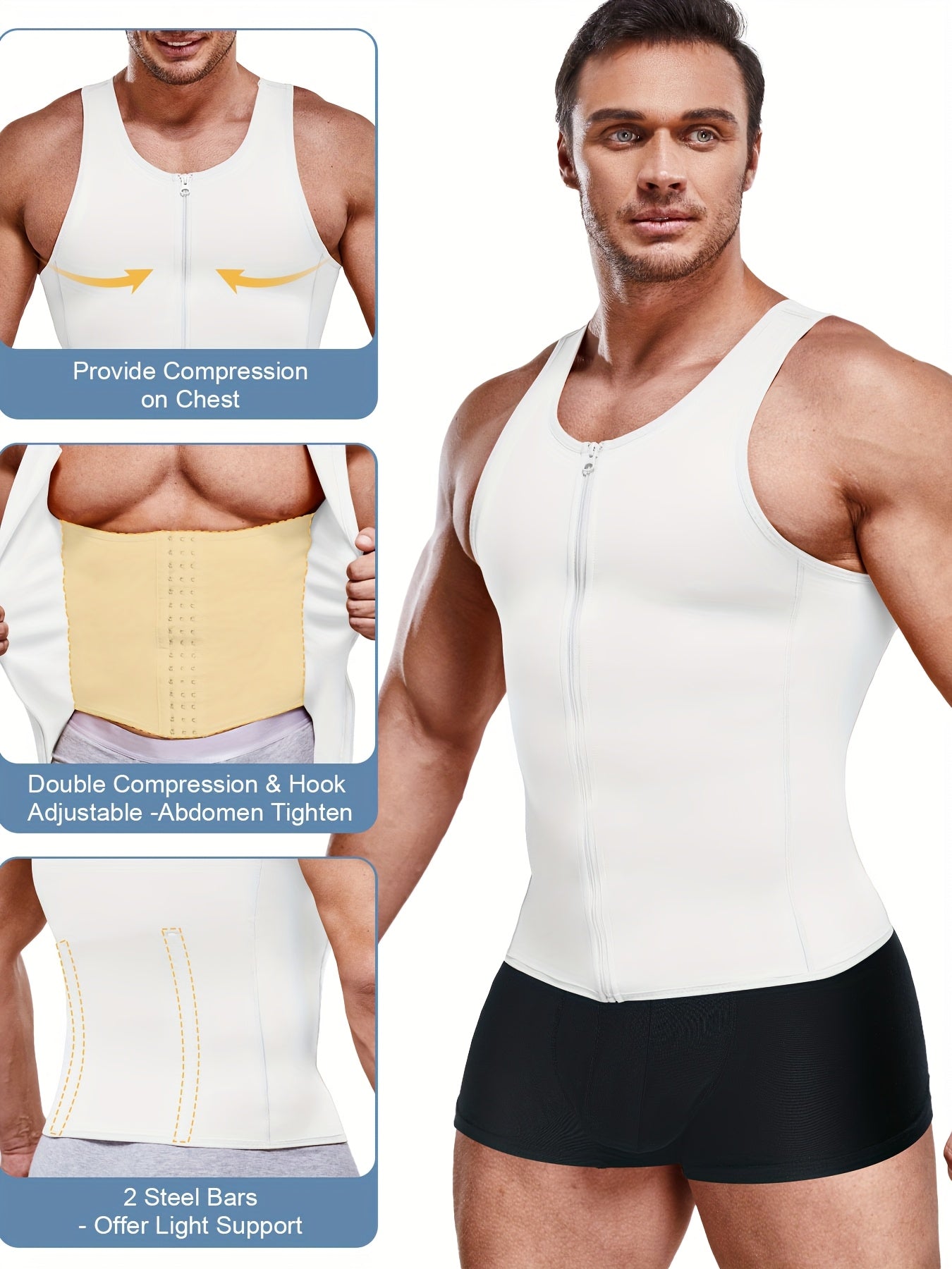 (Order One Size Up) Men'S Waist Trainer Body Shaper Vest - Streamlined Compression Support, Tummy & Chest Sculpting, 2 In 1 Zipper Tank Top