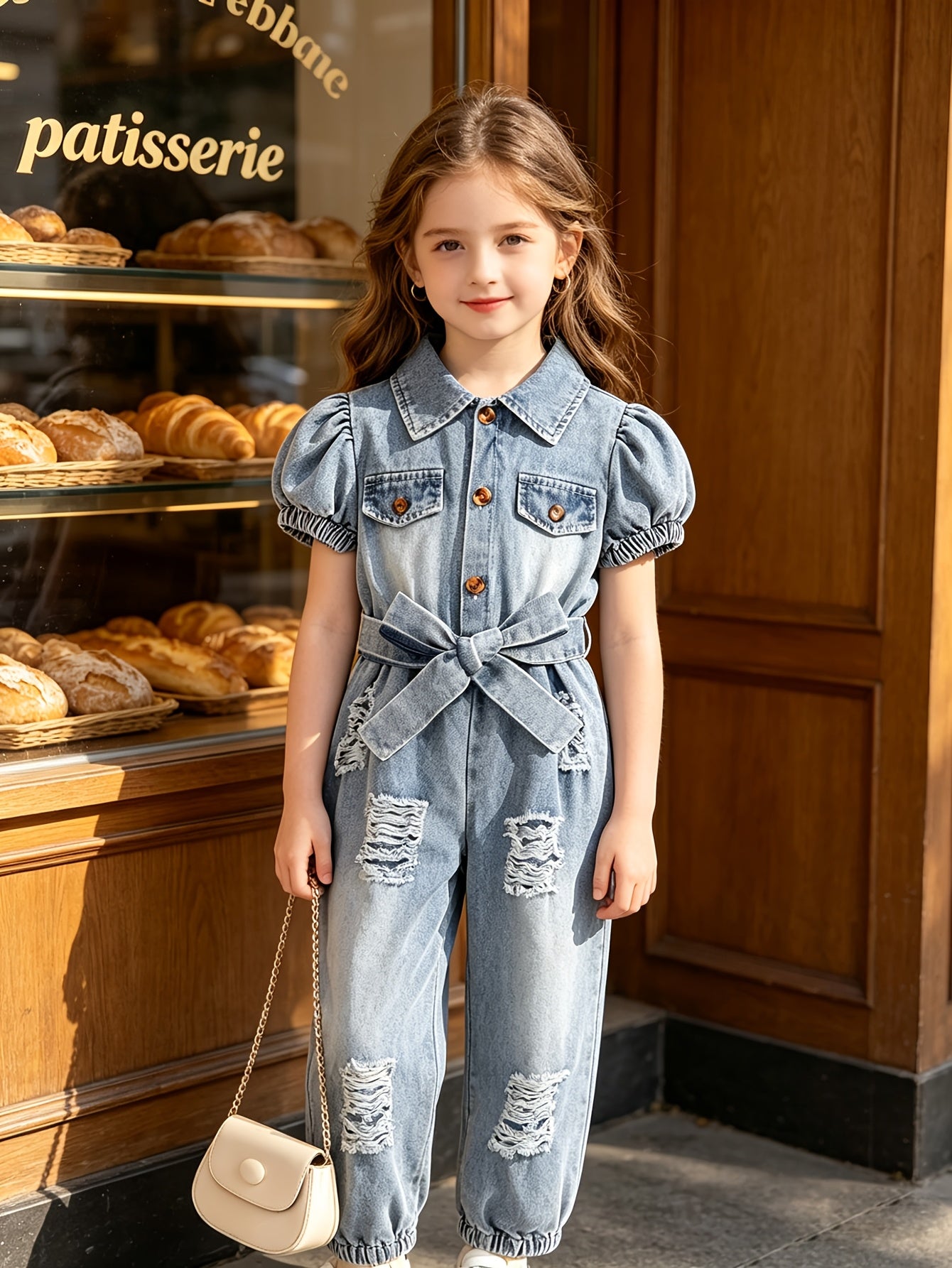 2 Pack Girls Faux Denim Jumpsuit With Belt Long Sleeve Romper Outfit Spring Summer Kids Casual Play Clothes, for Outdoor