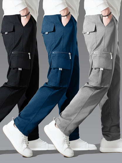 3pcs Men'S Casual Solid Color Cargo Pants, Polyester Non-Stretch Woven Fabric, Multiple Pockets, Regular Fit, Spring/Fall Season, Hiking & Outdoor Scene, Weekend Casual Occasion, Thick