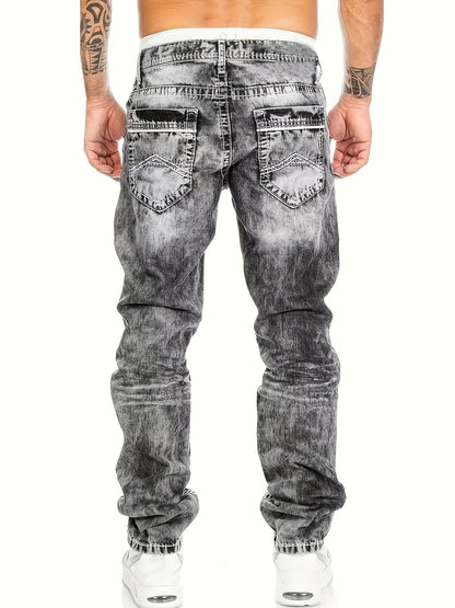 Men's Slim-Fit Straight-Leg Distressed American Snowflake Jeans - Vintage Wash Blue Denim Pants with Snowflake Pattern, Streetwear Style All-Season Casual Wear, Durable Fabric & Hand Washable