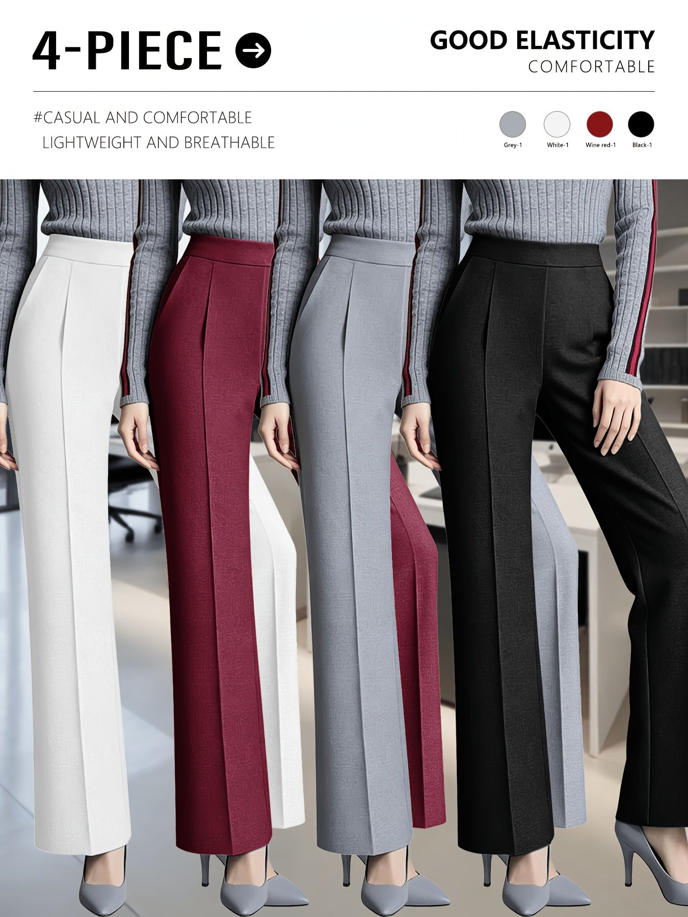 4 Pack, Dress Pants for Women Women'S High Waisted Wide Leg Business Casual Trousers with Pockets, Stretchy Comfortable Work Pants for Office, Commute, Daily Wear, Skin-Friendly Seamless Ladies Straight Leg Pa 4-Way Stretch Women'S Suit Pants