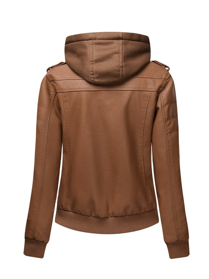 Women's Vintage-Style PU Leather Jacket - High Quality, Windproof, Tear- with Detachable Hood Casual Outdoor Riding Jacket