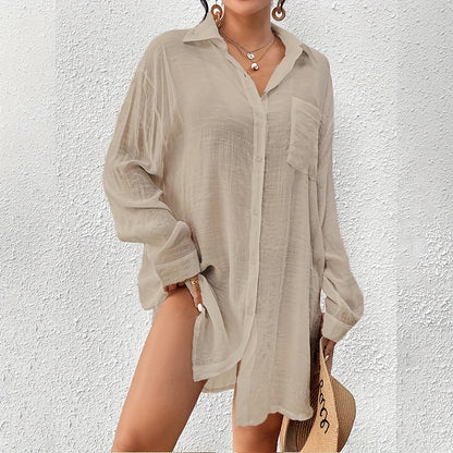 Women's Plus Size Beach Cover-Up Shirt, Casual Style Long Sleeve Swimwear, Solid Color Cardigan for Seaside Vacation