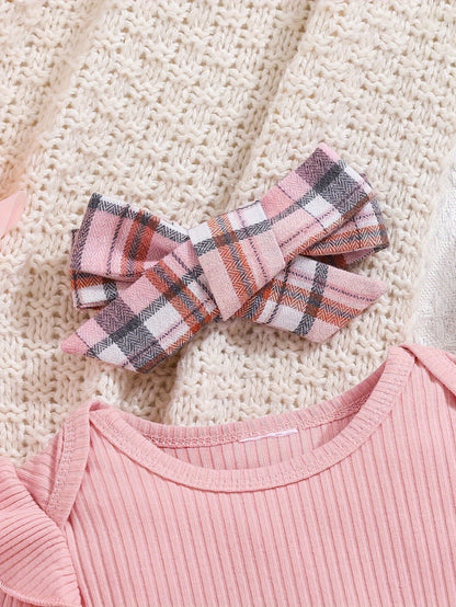 2pcs Baby Girl Autumn And Winter Long-Sleeved Pink Romper with Plaid Pants And Hat Set, for Outdoor, Perfect for Outdoor