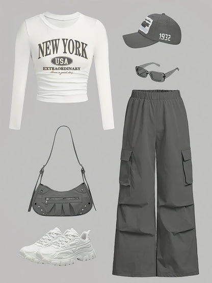2025 New Arrivals In Elegant Style: Women'S Solid-color Crew-neck Long-sleeve Printed T-shirt And Cargo Pants Set, Suitable For Wearing All Year Round.(Not Including Hats, Glasses, Bags, Shoes)