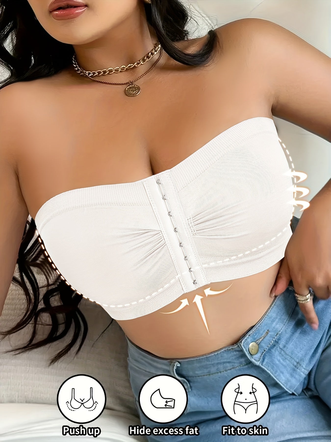 A Strapless Bra for Plus-Size Women Featuring Front Buttons, No Wires, And Designed to Lift And Prevent Sagging, Crafted from a Comfortable And Breathable Blend of Nylon And Elastane