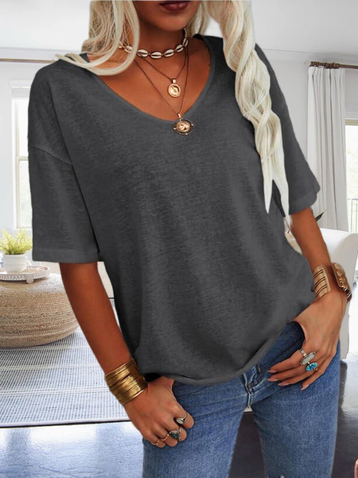 Women's Casual Loungewear Top, Loose V-Neck Short Sleeve Shirt, Soft Comfy Basic Daily Home Wear