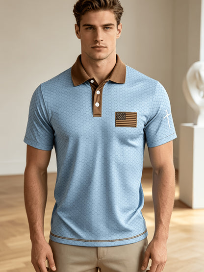 American Flag Gradient Cross Print Polo Shirt for Men's Casual Lapel Short Sleeved Patriotic Themed Commuting Top, American Flag Armband Contrasting Striped Short Sleeved Casual Business Lapel Top