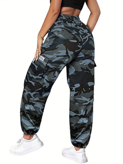 Women's Camo Cargo Pants Summer Lightweight Breathable Outdoor Casual Long Pants with Adjustable Elastic Waistband