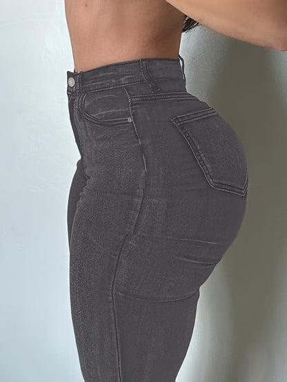 Women'S High Stretch Flare Zipper Jeans - Solid Color Street Style with Pockets, Four Seasons Comfortable Machine Washable Fabric, Functional Fashion Design, Comfortable Fit