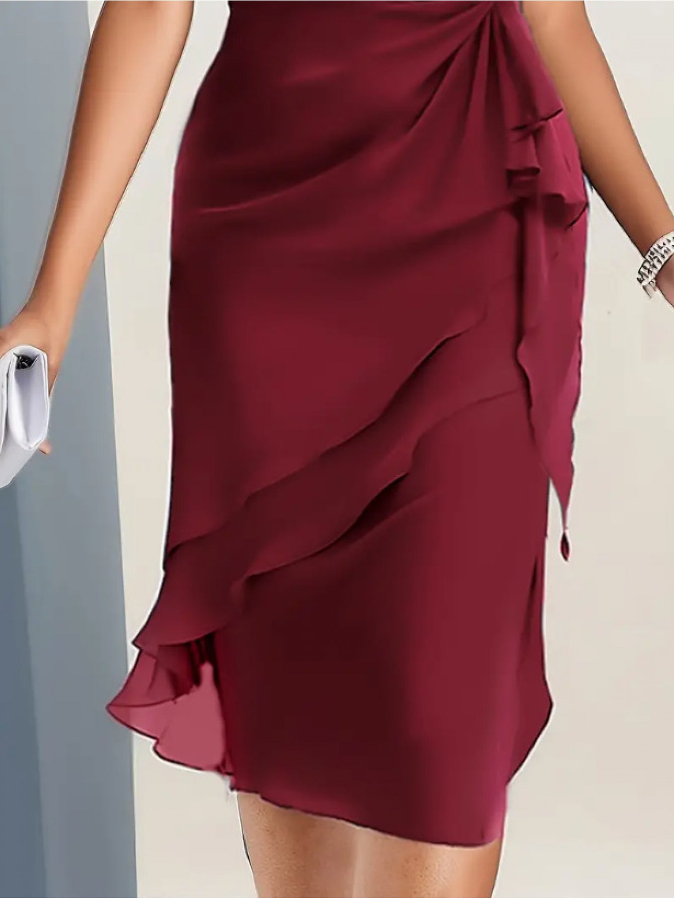 Summer Patchwork Chiffon Women'S Slim-Fit Dress - Round Neck, Short Sleeve, Mid-Length, Waist Twist Design, Asymmetrical Ruffle Hem, Elegant Party Outfit, Suitable for Wedding Guests Or Evening Events