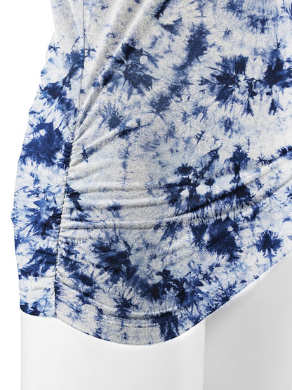 Women's Short Sleeve V Neck Tie-Dye Dolman Top w/Side Shirring