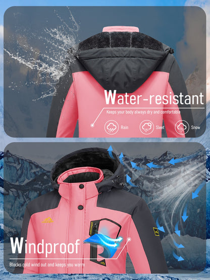 Winter Jacket for Women - Women's Ski Snowboard Jacket Thermal Fleece High Quality Insulated Snow Jacket Casual Work Jacket Outdoor Sports Coat Windbreaker Parka 4 Pockets Camping Snow Jacket Windproof Hood Warm Winter Hiking Fleece Lined Jacket