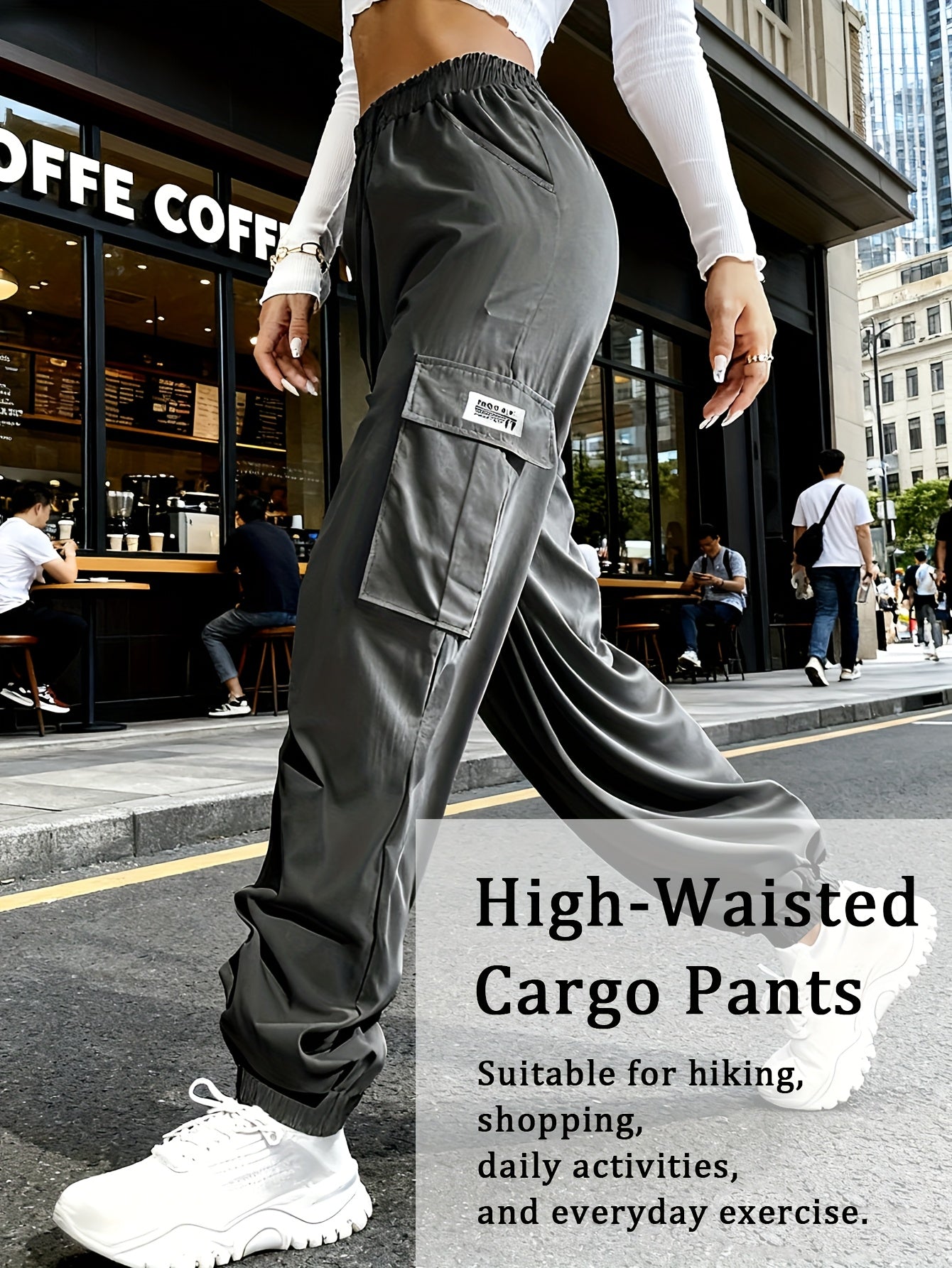 Women'S Zippered Pocket Cargo Pants, Stylish Large Pocket Design, Drawstring Elastic Waistband, Casual Outdoor/everyday Wear Trousers
