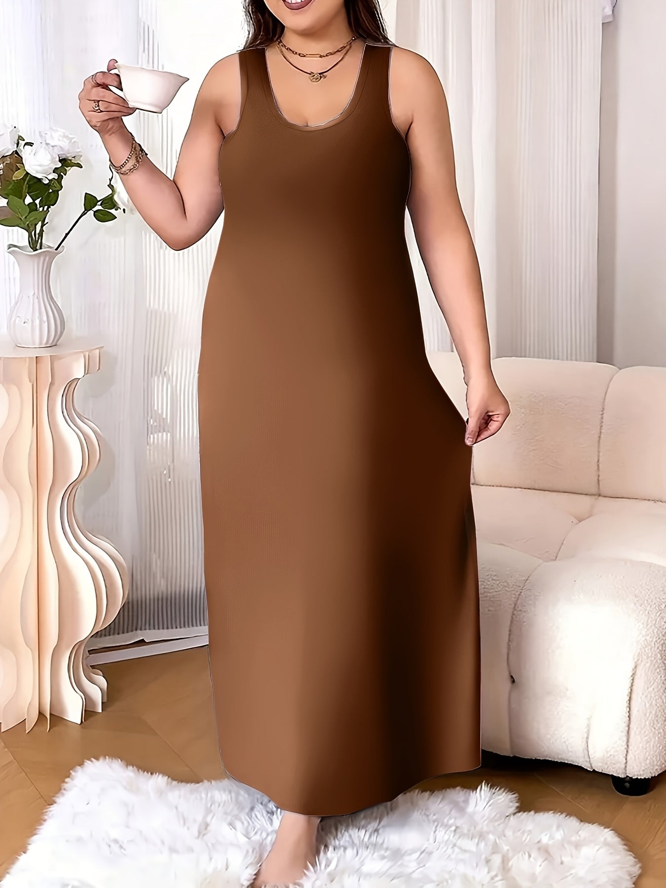 3pcs Set Of Women's Plus Size Sleeveless Vest Sleep Dress Evening Gown No Print Solid Color Simple Style Casual Version Very Comfortable Home Clothing