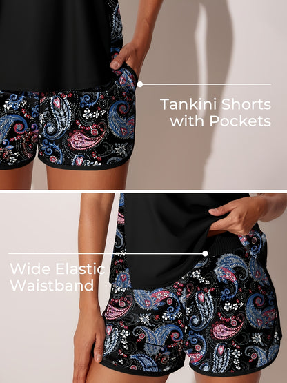 Blouson Tankini Swimsuits for Women 2025 Tummy Control 2pcs Bathing Suits with Y Pockets Swim Shorts