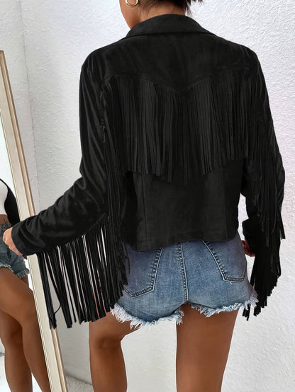 Elegant Women'S Tassel Jacket - Solid Color, V-Neck, Loose Fit for Spring/Fall, Machine Washable