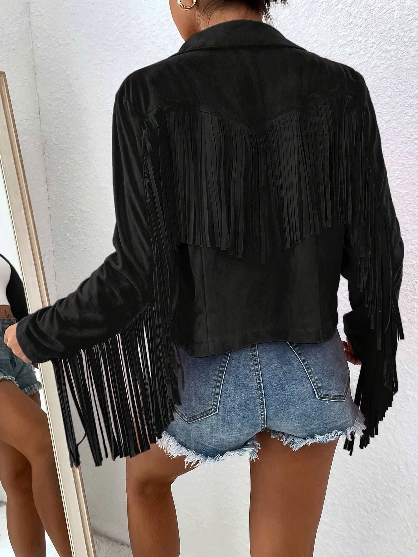 Elegant Women'S Tassel Jacket - Solid Color, V-Neck, Loose Fit for Spring/Fall, Machine Washable