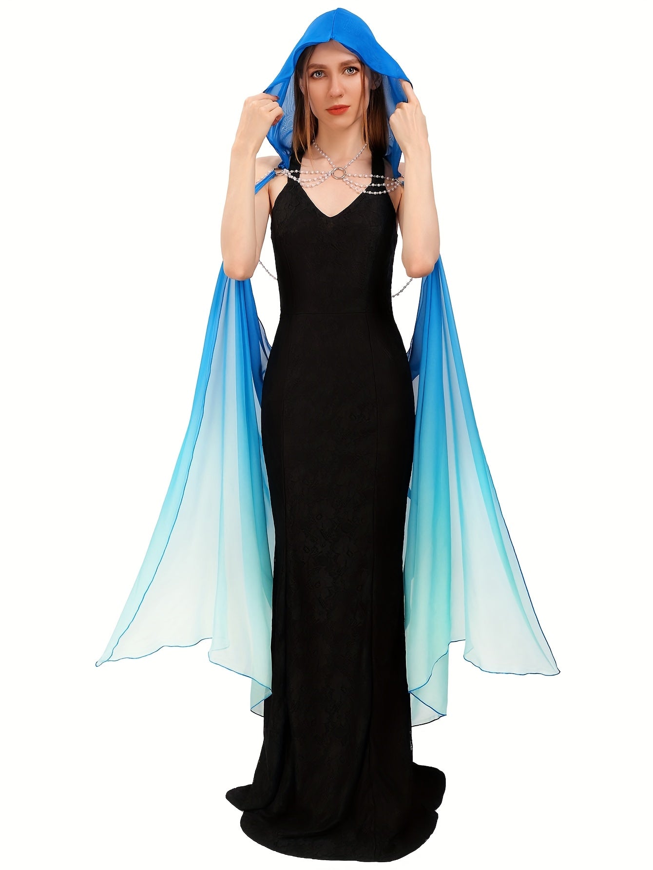 Full-Length Tulle Gothic Bridal Fairy Cloak with Hood for Women, Off-Shoulder Capelet