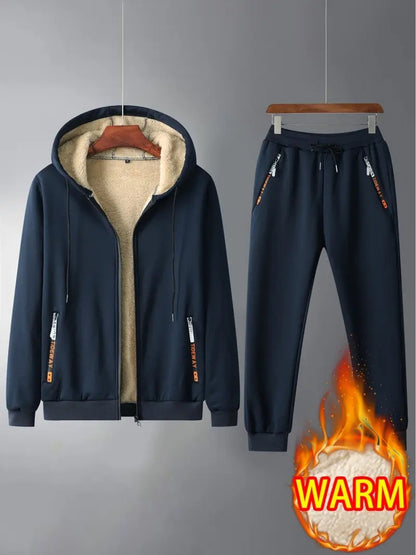 Men's Classic Retro Sports Set, -Lined Full-Zip Hoodie and Jogging Pants, Outdoor Fitness Warmth, Thickened for All Winter