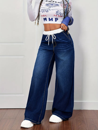 Women's Plus Size Blue Denim Pants - Whisker Details, Panel, Elastic Waist with Drawstring, Wide-Leg | High-Waisted, Slim-Fitting & Figure-Flattering | Retro Street & Casual Sporty Style | Versatile for All Seasons