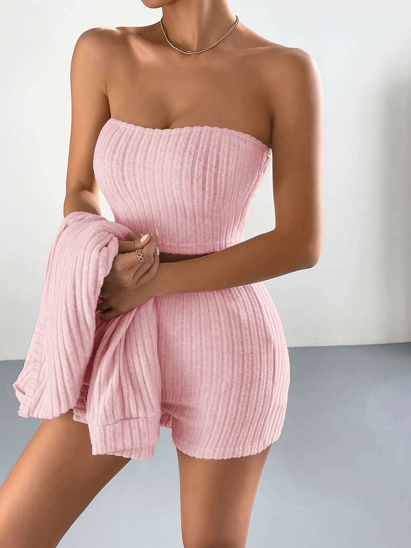 Women's 3pcs Brushed Pajama Set with Long Sleeve Cardigan, Bustier Top, And Shorts, Cozy Lounge Wear for Home, Office, Travel, Coffee Date, Casual Outing, And Weekend Relaxation, Matching Loungewear Outfit