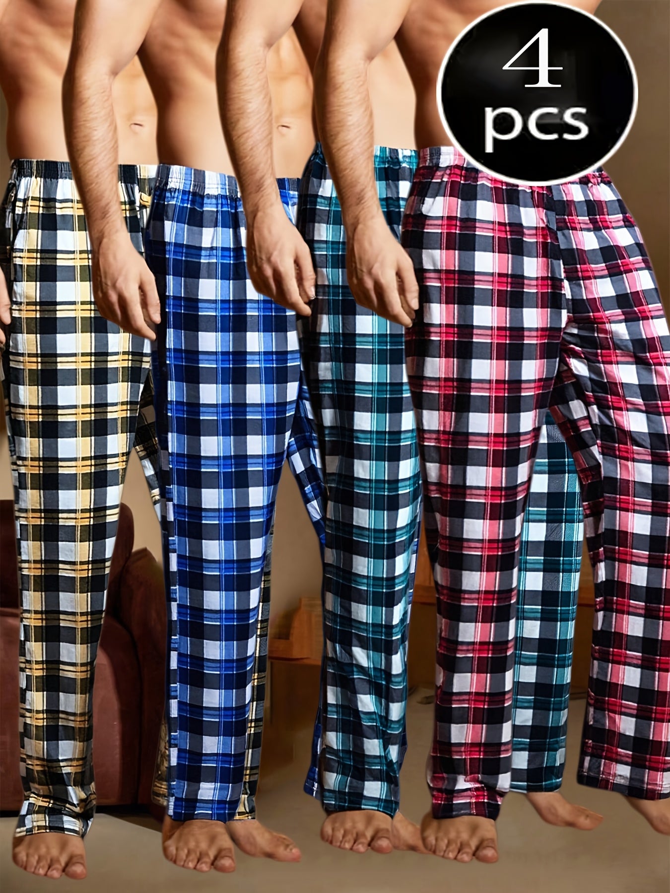 4pcs Set of Sleeping Pants for Men, New Spring and Summer Four Plaid Long Pants, Comfortable and Lightweight, Loose Fit Can Be Worn Outdoors, Four Combination Packs of Elastic Waist Home Pants, Soft Pants