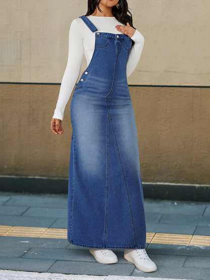 [Durable Denim Dress] Durable Denim Dress - Women's Non-Stretch Loose Fit Long Skirt with Detachable Strap, Multiple Buttons for Easy Closure, Everyday to Formal Outfits - Casual Chic Outwear, Versatile Outfit Option