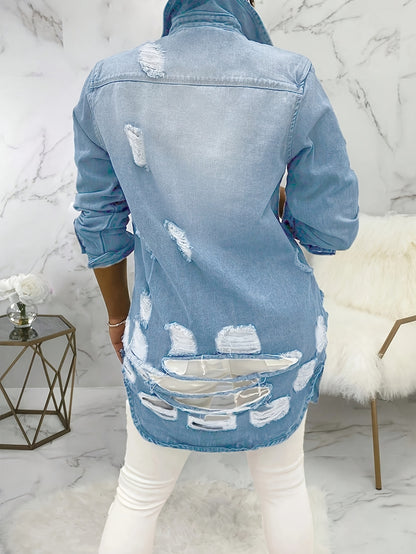 Women'S Denim Jacket, Distressed Ripped Button-Up Sexy Style, Casual Long Sleeve Jean Outerwear