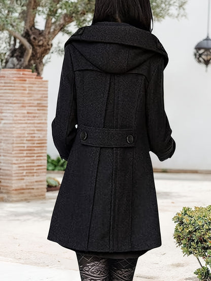 Women'S Cozy Double-Breasted Wool Peacoat Trench Jacket with Hood