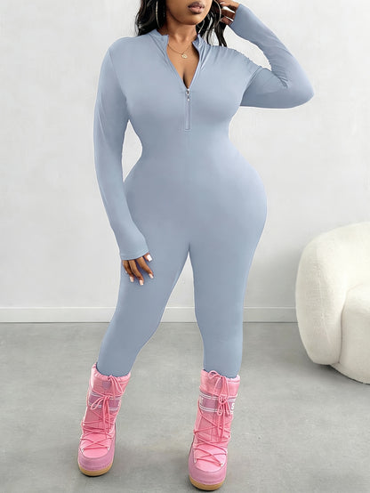 Plus Size, Plus Size Spring/Summer Women's Solid Color Jumpsuit, Front Half Zipper Design, Waist Cinched, Slim Fit, Flatter The Figure Fall, S & Simple Casual, Suitable for Cycling,, And Other.